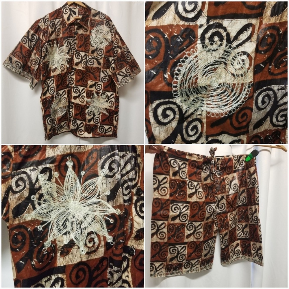 Vintage African‎ Shirt and Shorts Homemade Kenti Print Double Wax Block